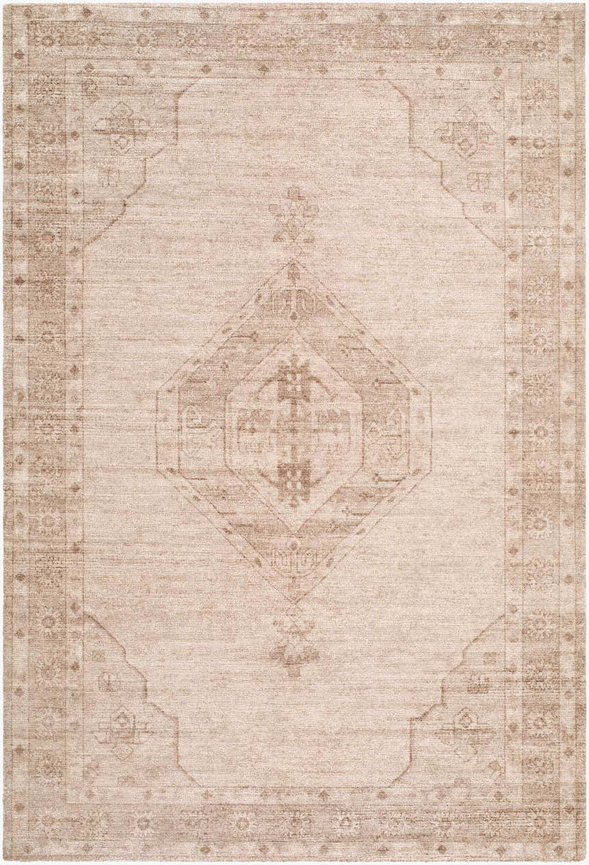 Close-up of the Hanini Area Rug, a beige and taupe hand-tufted rug with a traditional diamond and floral pattern. Design-Rectangle-576