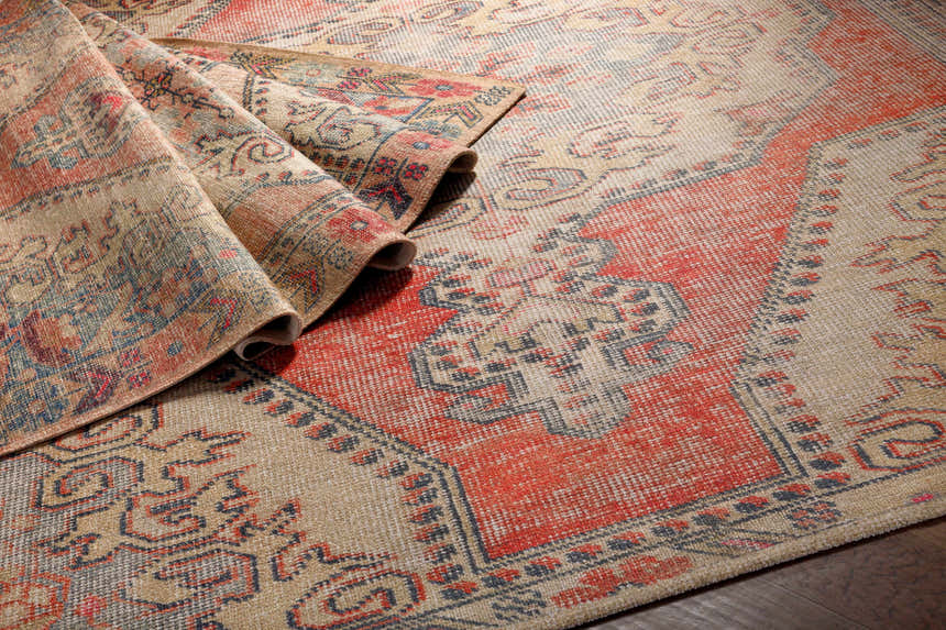 Close-up of the hand-tufted Queenscliff Rug, showcasing its traditional Persian style, red, beige, and blue colors, and intricate pattern. Styleshot