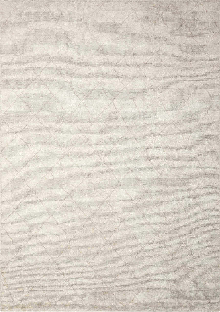 Close-up of the Calvin Klein Home Heath Tusk rug. Handmade rayon rug with a subtle diamond pattern and soft texture.