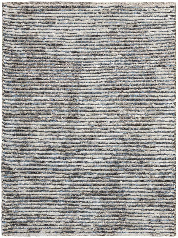 Close-up of the handmade Nourison Ellora Slate area rug. Taupe, gray, and subtle blue horizontal stripes create a modern texture.