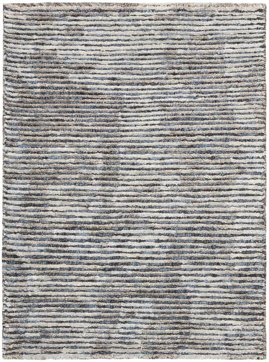 Close-up of the handmade Nourison Ellora Slate area rug. Taupe, gray, and subtle blue horizontal stripes create a modern texture.