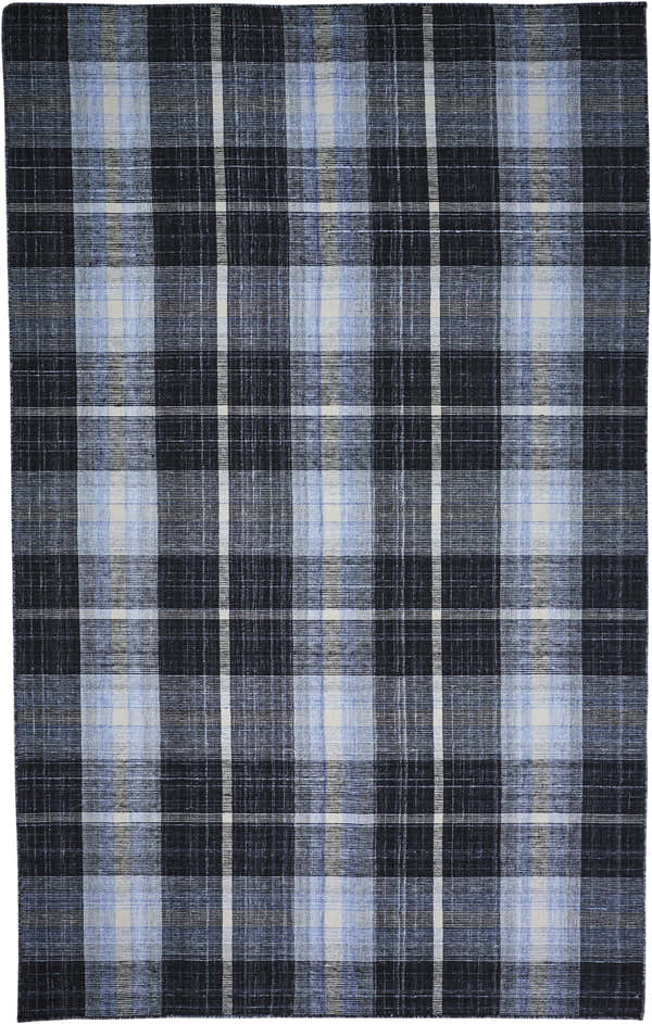 Close-up of Feizy Crosby black, blue, and white area rug. Transitional plaid design, hand woven texture. Design-Rectangle