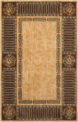 Close-up of Nourison Vallencierre Beige Vintage Area Rug. Features floral and geometric border, tan center with leaf design.