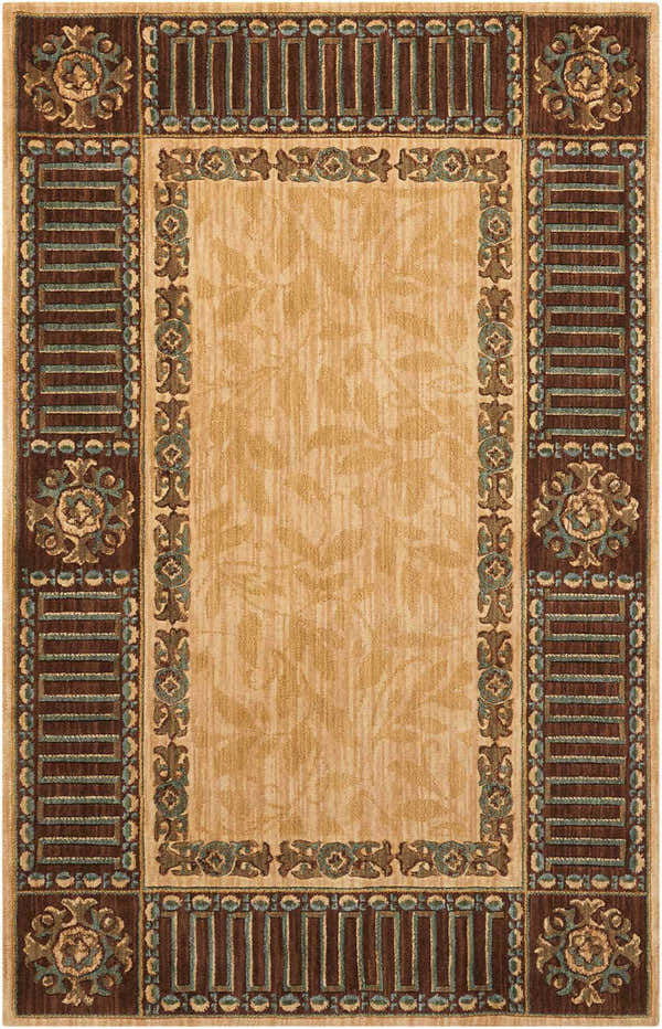 Close-up of Nourison Vallencierre Beige Vintage Area Rug. Features floral and geometric border, tan center with leaf design.