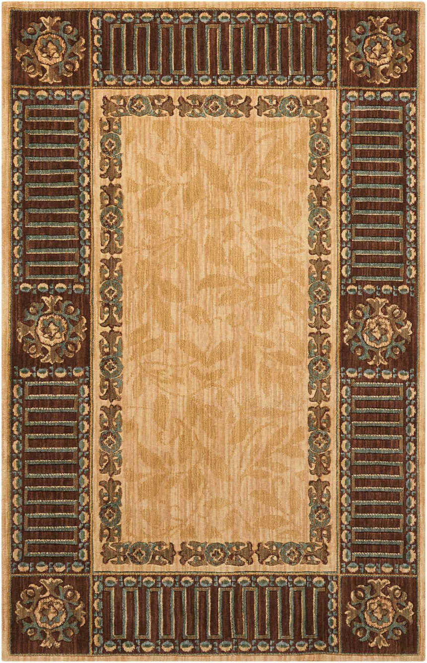 Close-up of Nourison Vallencierre Beige Vintage Area Rug. Features floral and geometric border, tan center with leaf design.