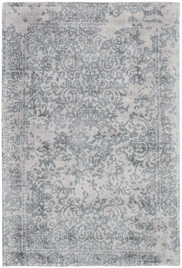 Close-up of the Feizy Nadia rug. Distressed transitional design in blue and gray tones. Viscose material, hand woven. Design-Rectangle
