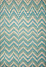 Close-up of the Barclay Butera Prism Pacific Indoor Area Rug, featuring a blue, green, and cream chevron pattern.