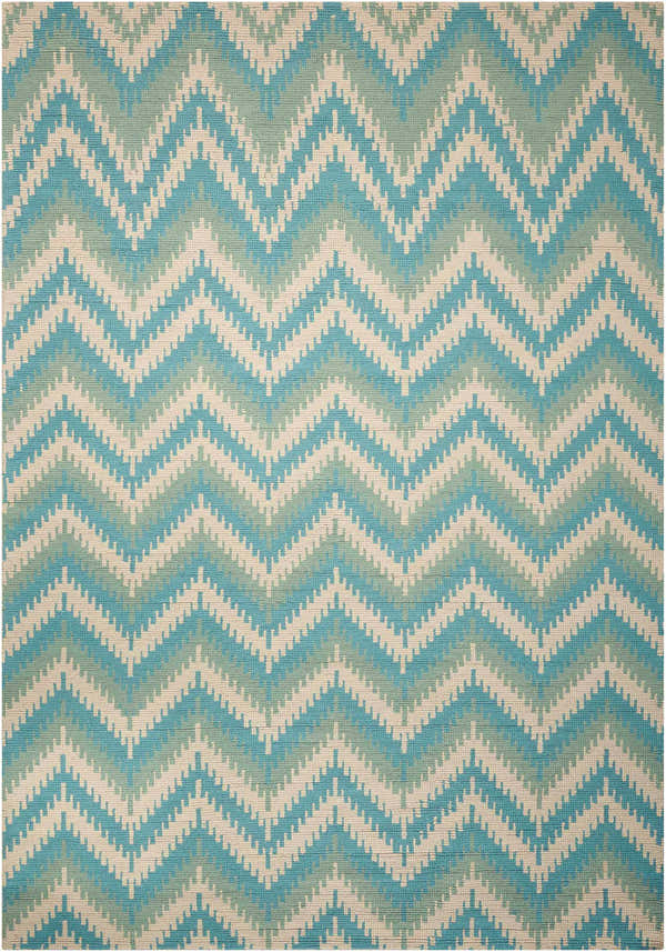 Close-up of the Barclay Butera Prism Pacific Indoor Area Rug, featuring a blue, green, and cream chevron pattern.