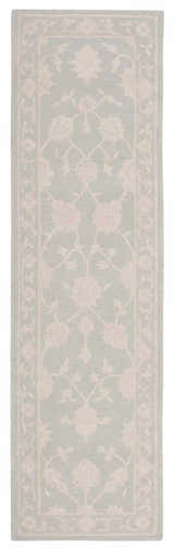 Nourison Zephyr Light Blue rug, a wool runner with a floral design and light border. Handmade rug.