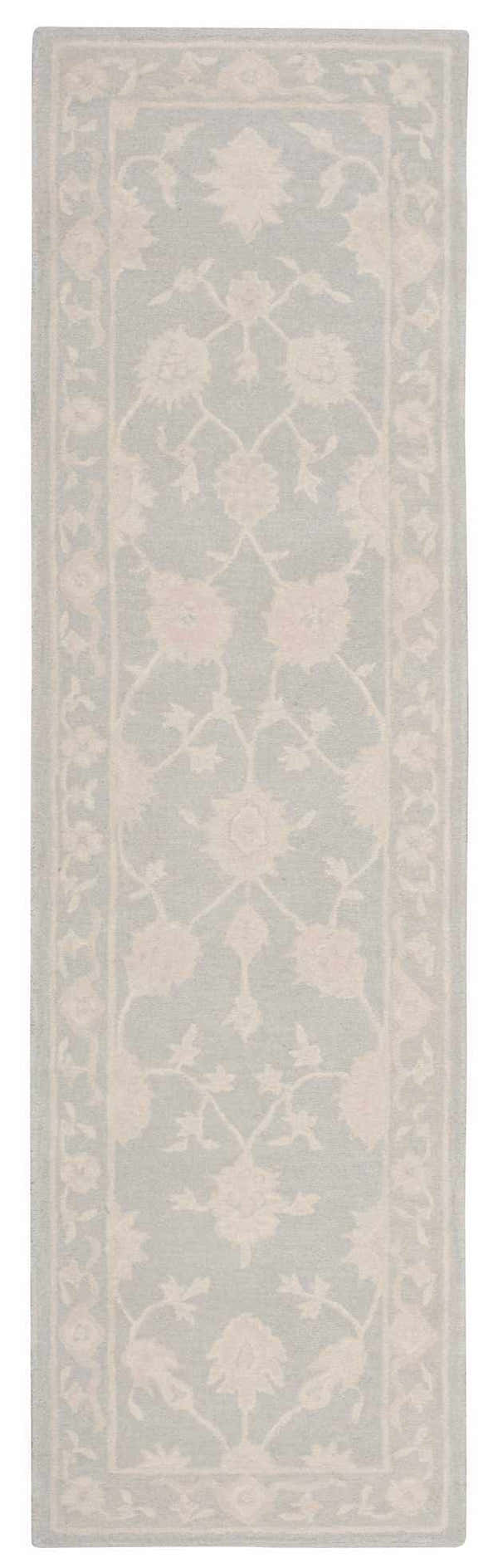 Nourison Zephyr Light Blue rug, a wool runner with a floral design and light border. Handmade rug.