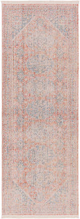 Close-up of the Vahn Area Rug. Machine-woven polyester rug in dark blue, ivory, red, and light blue with a traditional design. Design-Runner-2773