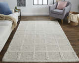 Living room scene with Feizy Berkeley ivory and gray wool rug. Casual setting with sofa, chair, and wood floors. Roomscene-Rectangle