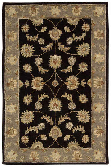 Close-up of the Nourison India House Black Persian rug, featuring a floral design and gray border.