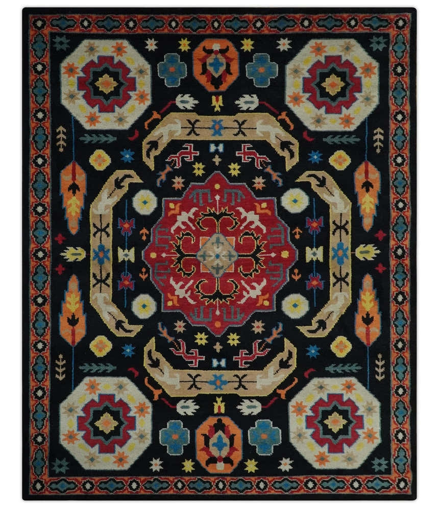 Vibrant colorful 8x10 Black, Maroon and Beige Traditional Medallion Mamluk Design wool Rug