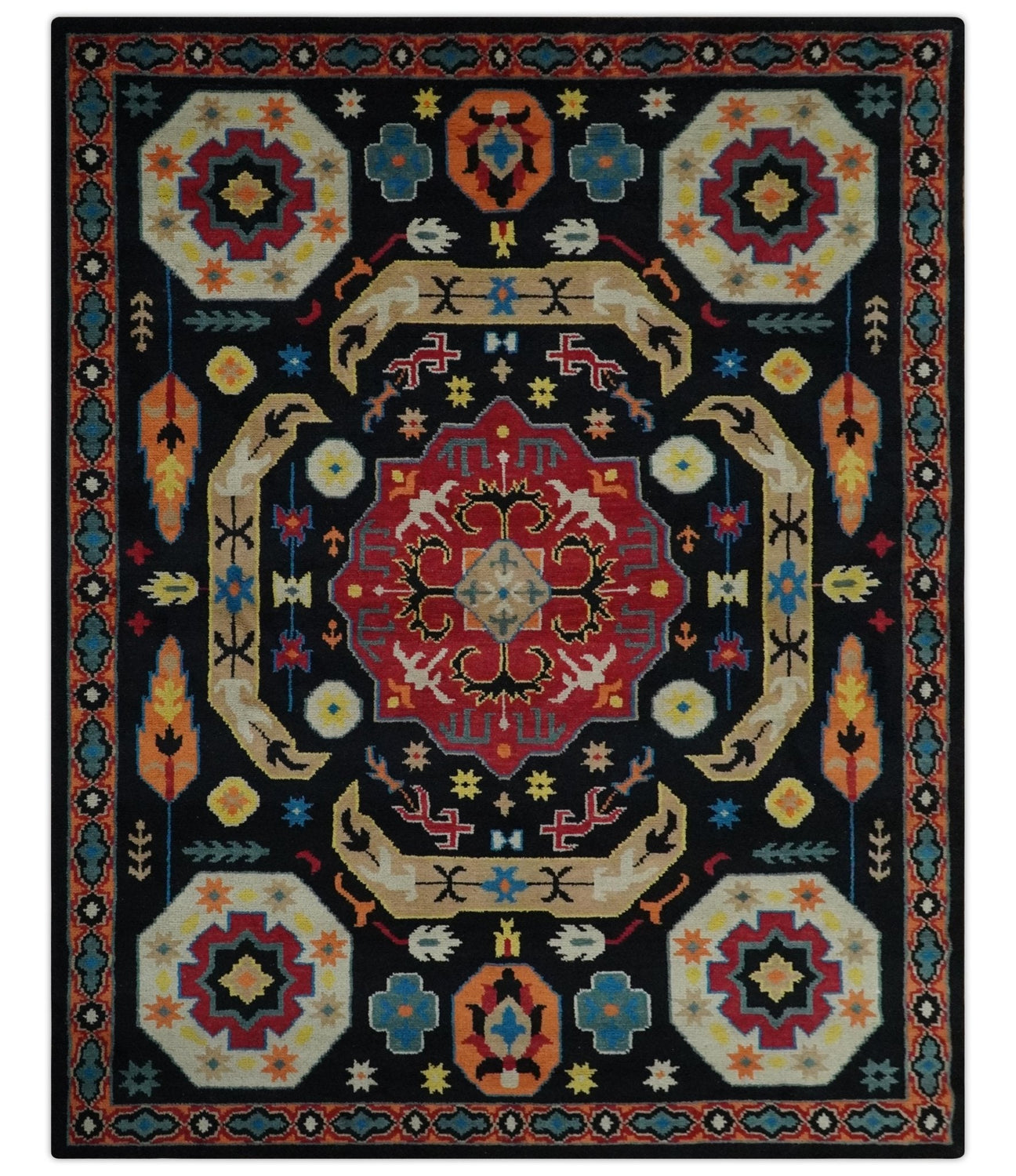 Vibrant colorful 8x10 Black, Maroon and Beige Traditional Medallion Mamluk Design wool Rug