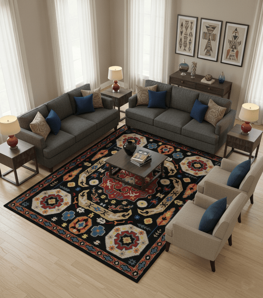 Vibrant colorful 8x10 Black, Maroon and Beige Traditional Medallion Mamluk Design wool Rug