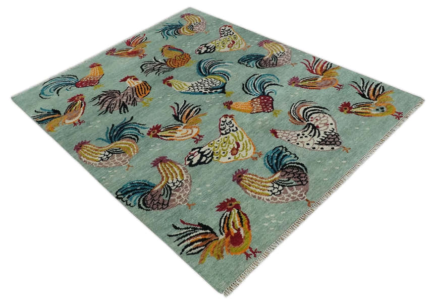 Vibrant Colorful Beautiful Chicken Bird Sage, Ivory, Gold and Brown Hand Knotted Multi Size Wool Area Rug