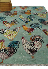 Vibrant Colorful Beautiful Chicken Bird Sage, Ivory, Gold and Brown Hand Knotted Multi Size Wool Area Rug