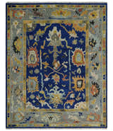 Vibrant Colorful Blue, Silver and Mustard Hand knotted Traditional Oushak Multi Size wool Area Rug