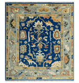Vibrant Colorful Blue, Silver and Mustard Hand knotted Traditional Oushak Multi Size wool Area Rug