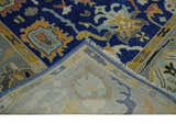 Vibrant Colorful Blue, Silver and Mustard Hand knotted Traditional Oushak Multi Size wool Area Rug