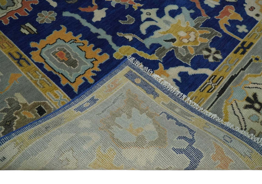 Vibrant Colorful Blue, Silver and Mustard Hand knotted Traditional Oushak Multi Size wool Area Rug