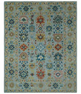 Vibrant Colorful Light Blue, Mustard, Brown and Blue Hand Knotted Traditional Oushak Multi Size wool Area Rug