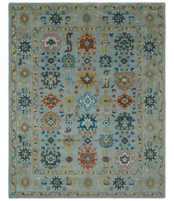 Vibrant Colorful Light Blue, Mustard, Brown and Blue Hand Knotted Traditional Oushak Multi Size wool Area Rug