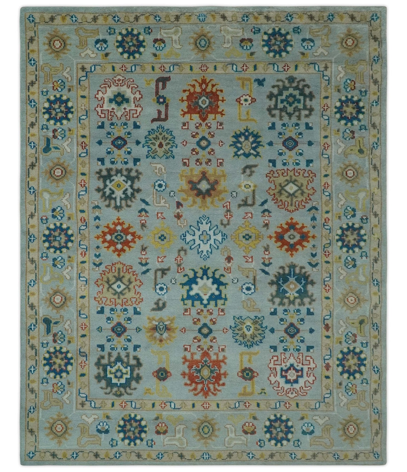 Vibrant Colorful Light Blue, Mustard, Brown and Blue Hand Knotted Traditional Oushak Multi Size wool Area Rug