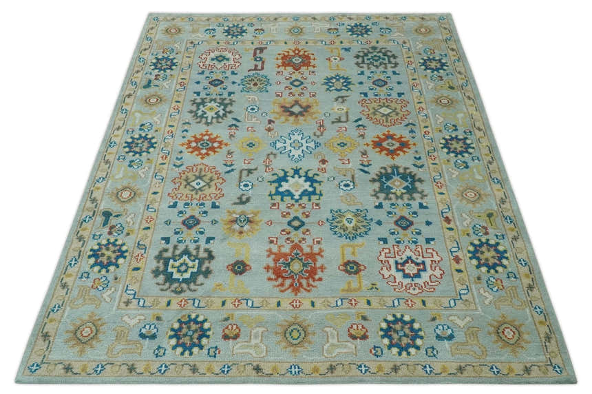 Vibrant Colorful Light Blue, Mustard, Brown and Blue Hand Knotted Traditional Oushak Multi Size wool Area Rug