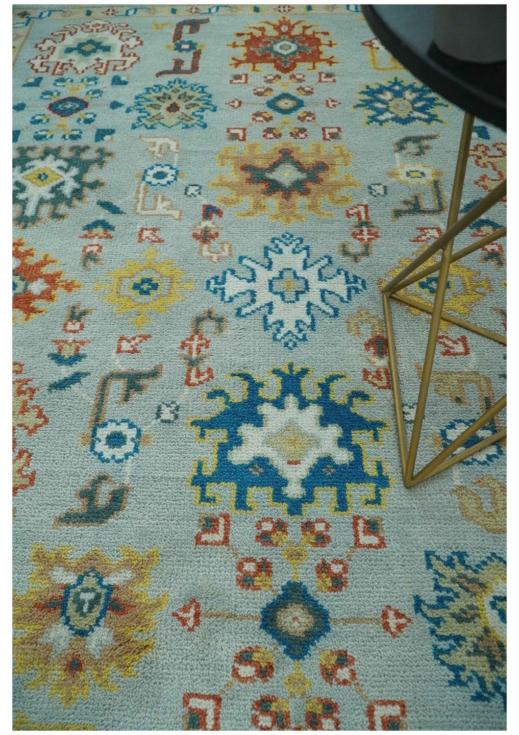 Vibrant Colorful Light Blue, Mustard, Brown and Blue Hand Knotted Traditional Oushak Multi Size wool Area Rug