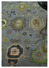 Vibrant Colorful Silver, Green and Light Peach Hand knotted Oushak wool Area Rug
