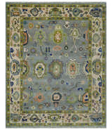 Vibrant Colorful Silver, Green and Light Peach Hand knotted Oushak wool Area Rug