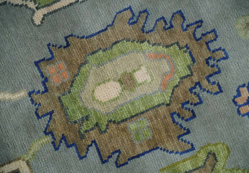 Vibrant Colorful Silver, Green and Light Peach Hand knotted Oushak wool Area Rug