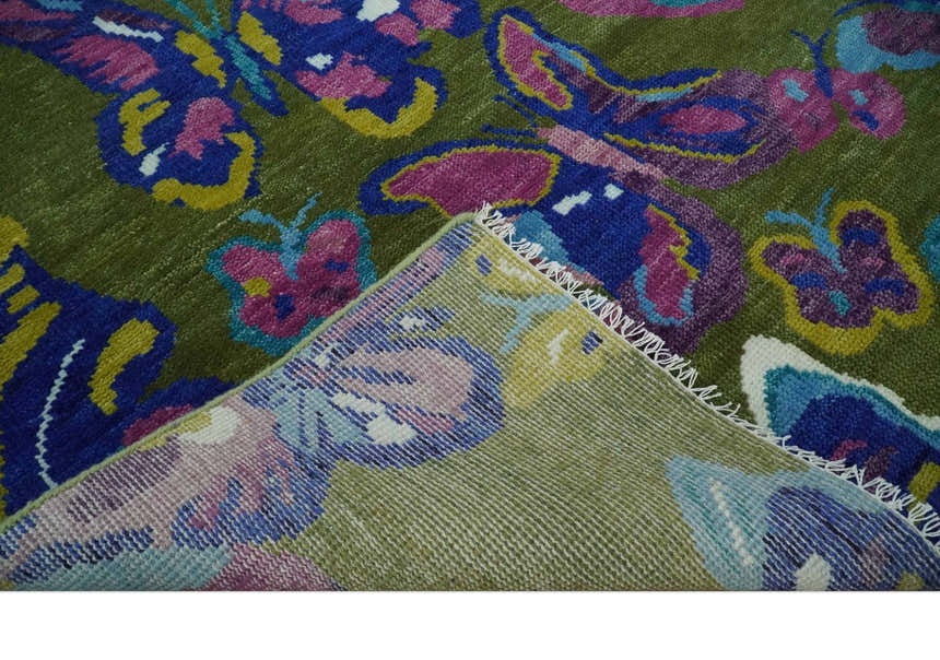 Vibrant Garden of Butterfly Green and Purple Hand knotted Multi size wool Area Rug