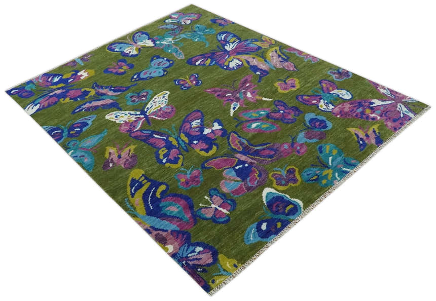 Vibrant Garden of Butterfly Green and Purple Hand knotted Multi size wool Area Rug