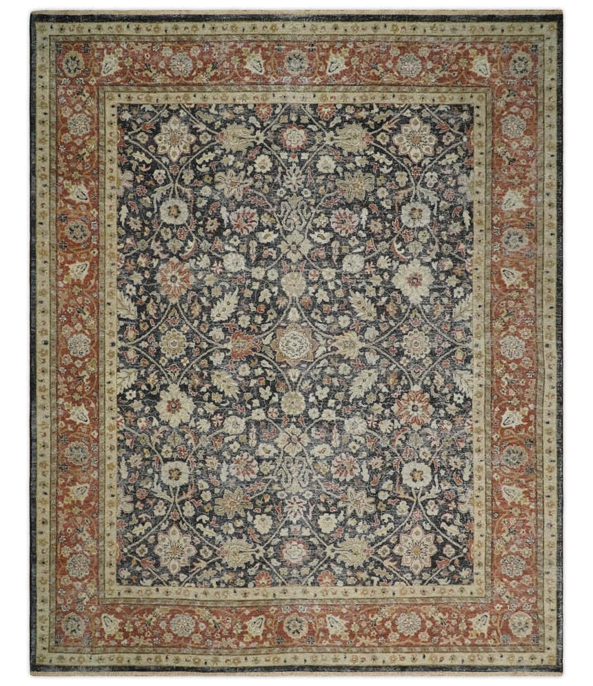Hand Knotted Traditional Black, Rust and Beige Textured Low Pile Distressed Wool Rug