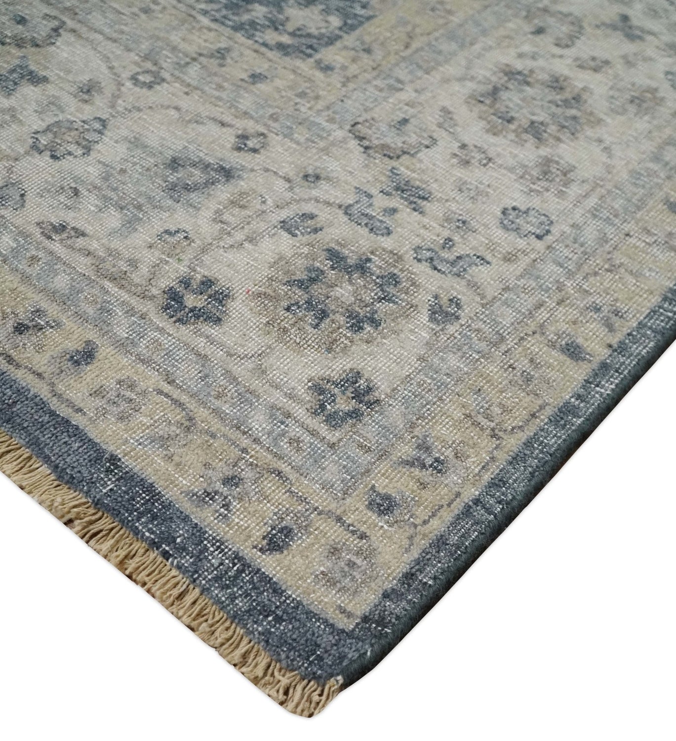 Custom Made Vintage Style Hand Knotted Traditional Blue and Beige Antique Textured Low Pile Distressed Wool Rug