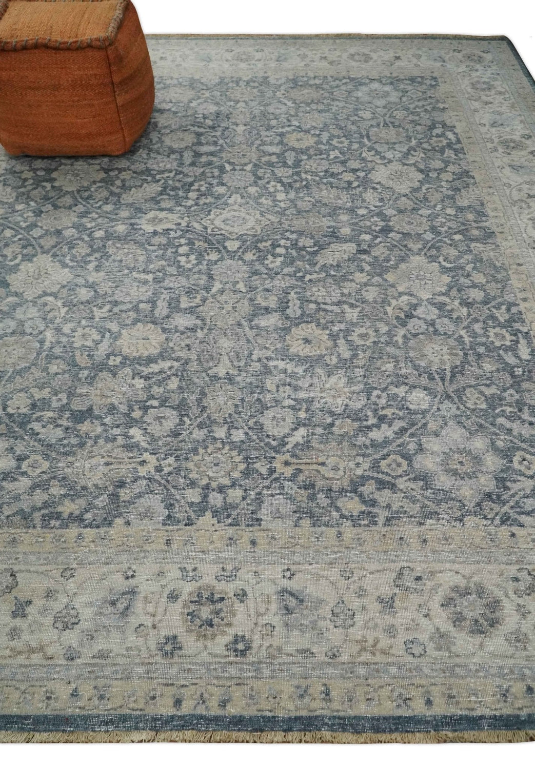 Custom Made Vintage Style Hand Knotted Traditional Blue and Beige Antique Textured Low Pile Distressed Wool Rug