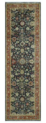 Hand Knotted Traditional Black, Rust and Beige Textured Low Pile Distressed Wool Rug