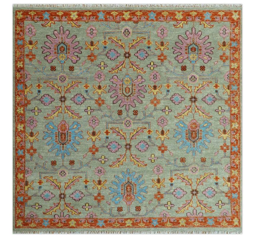 Vintage Style Rust, Pink and Blue Hand Knotted Traditional Oushak Multi Size wool Area Rug