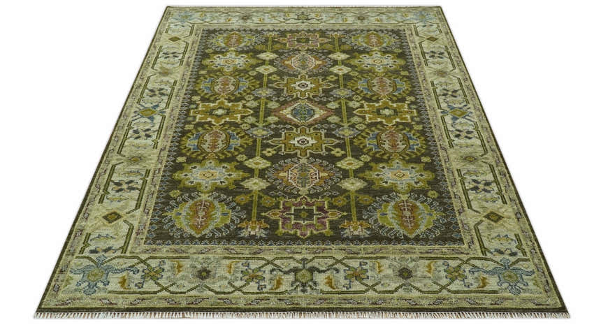 Vintage Style Earthy Green and Silver Traditional Hand Knotted Multi Size wool area rug