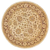 Close-up of round Feizy Drake Traditional Persian rug in ivory, gold, and brown with floral design and fringe. Design-Round