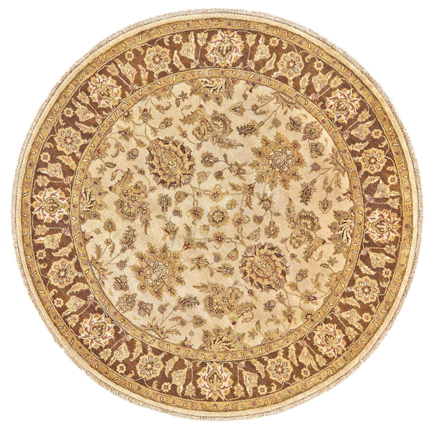 Close-up of round Feizy Drake Traditional Persian rug in ivory, gold, and brown with floral design and fringe. Design-Round