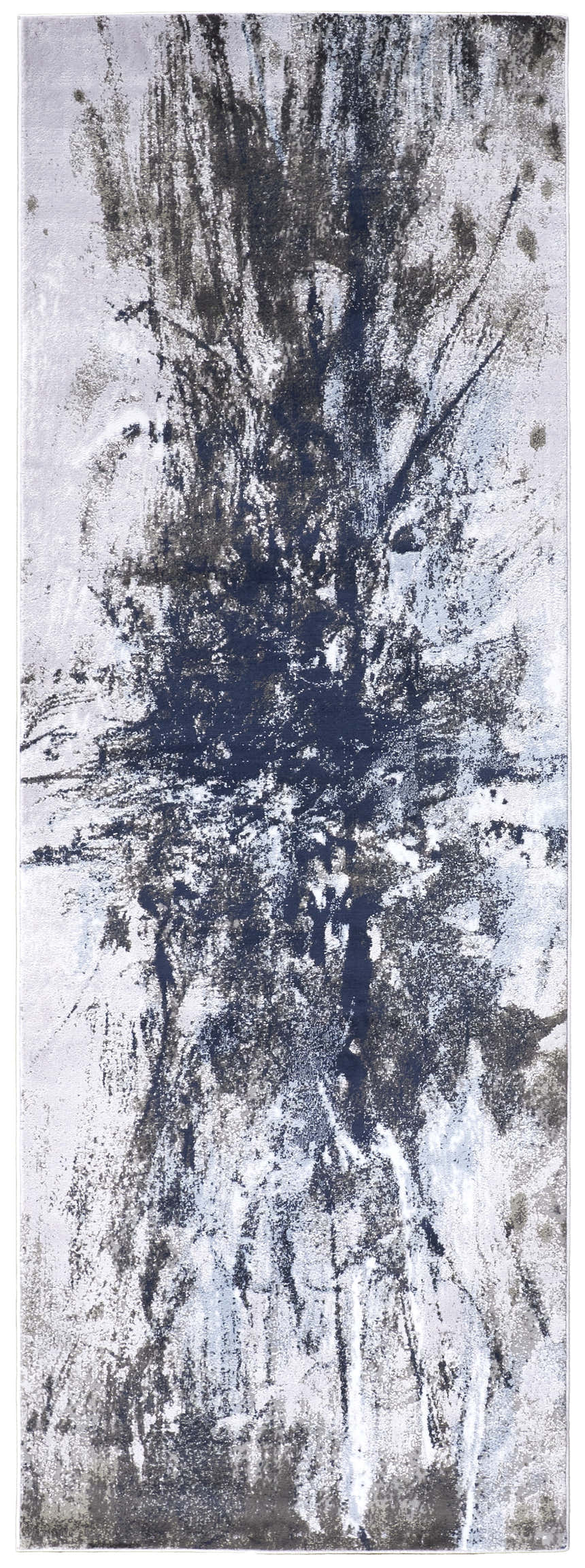 Close-up of Feizy Gaspar rug. Modern abstract design in blue, gray, and white with distressed splatter pattern. Design-Runner