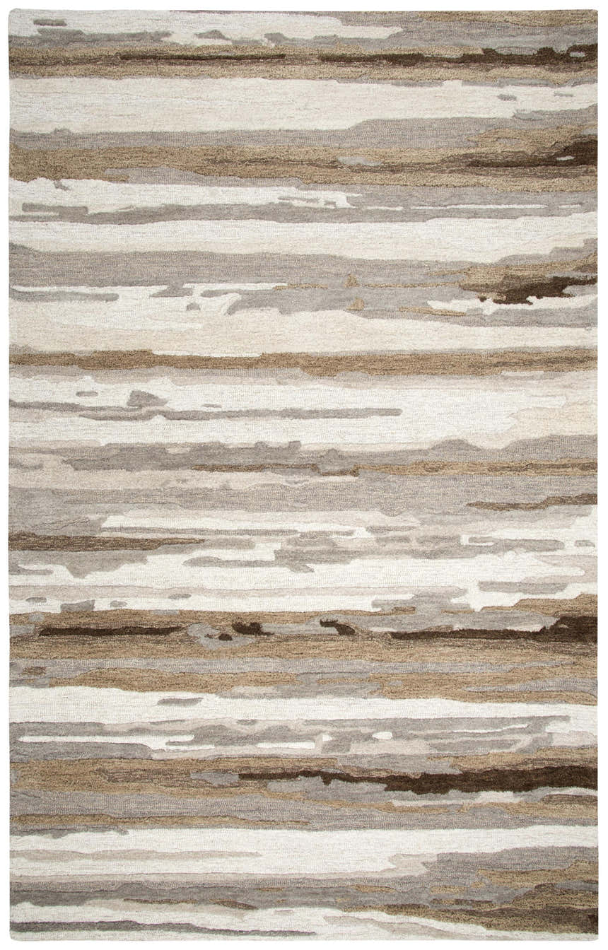 Close-up of the hand-tufted Rizzy VOG101 area rug. Beige, dark red, and gray horizontal stripes create a contemporary pattern. Design-Rectangle