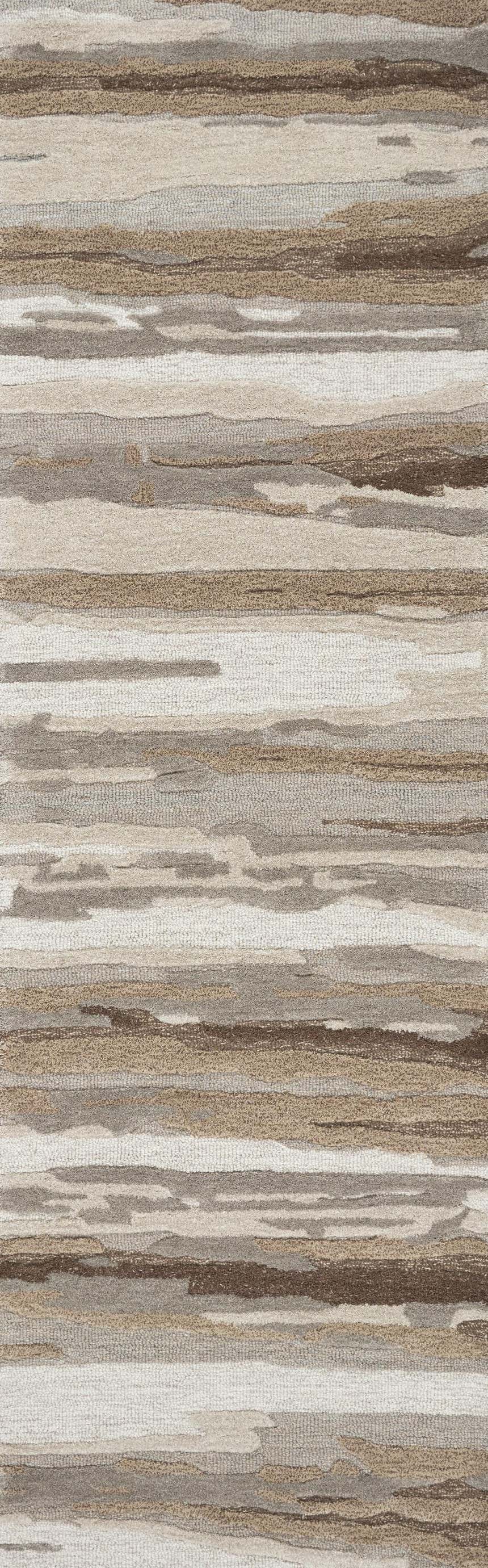 Close-up of the hand-tufted Rizzy VOG101 area rug. Beige, dark red, and brown horizontal stripes create a contemporary design. Design-Runner