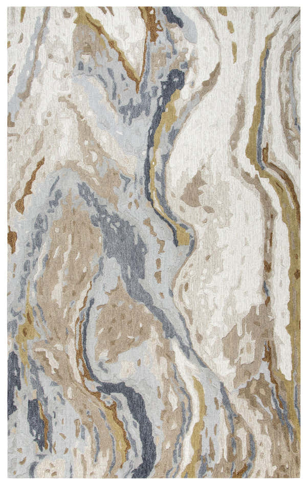 Close-up of the Rizzy VOG110 area rug. Beige, blue, gold, gray, and taupe wool rug with a contemporary abstract pattern. Design-Rectangle