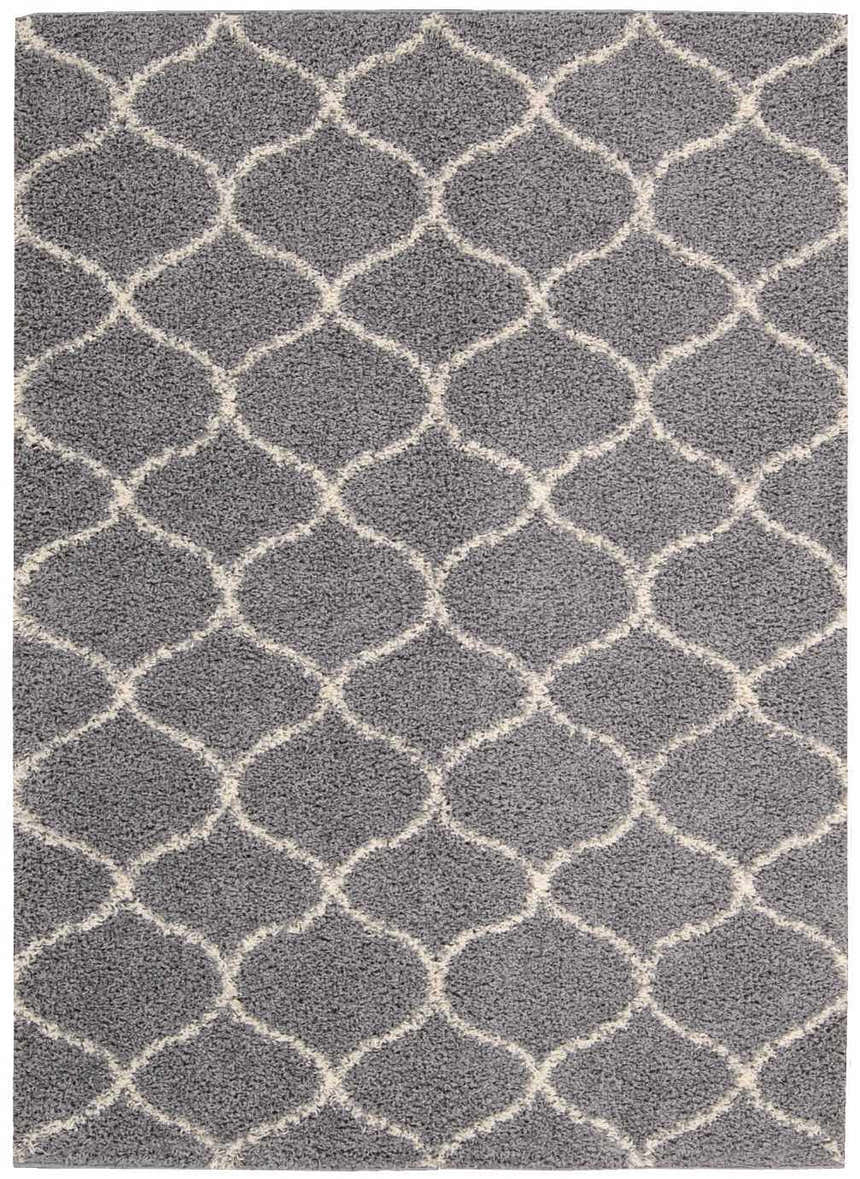 Close-up of the Nourison Windsor Silver Shag Rug, featuring a gray shag pile and a cream-colored Moroccan trellis pattern.