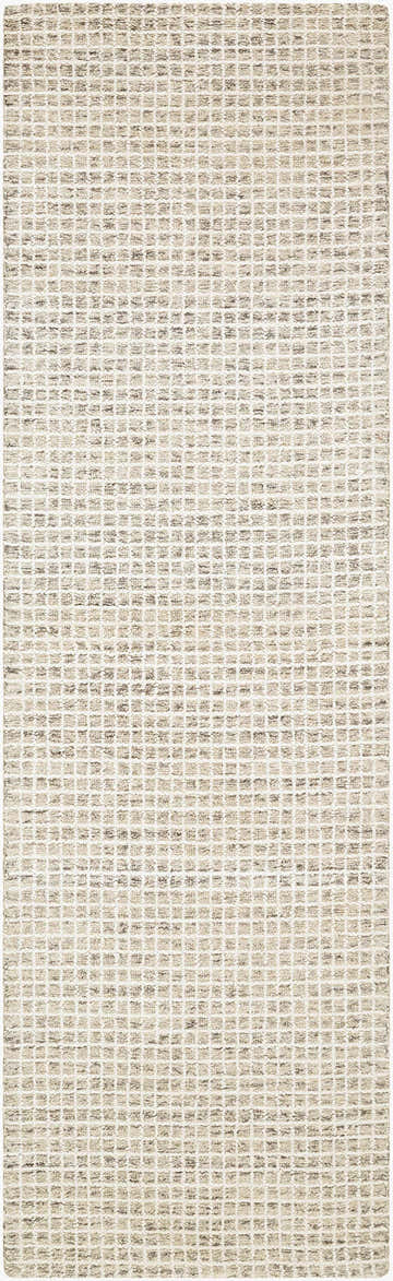 Close-up of the hand-tufted Anahid Beige Area Rug. Checkered pattern in light silver, off white, silver gray, and slate blue wool. Design-Runner-310